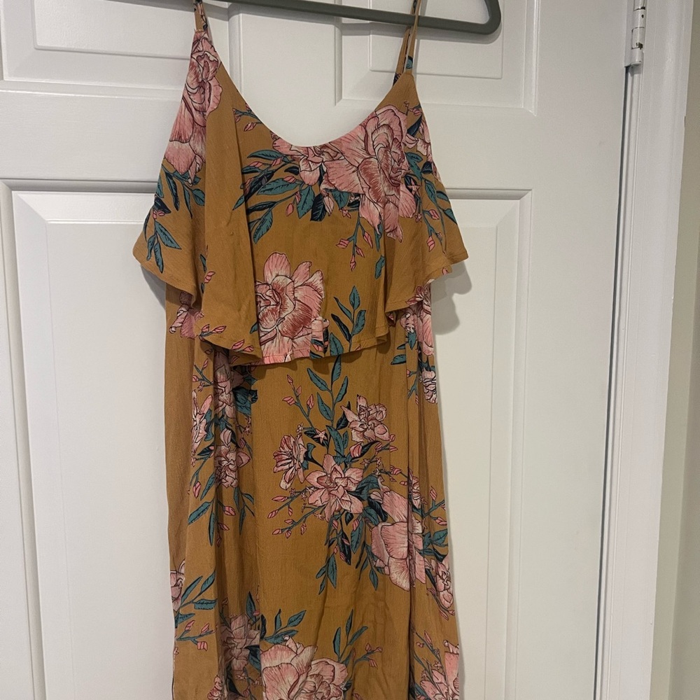 Billabong Mustard Floral Ruffle Mini Dress - Pink & Teal Accents